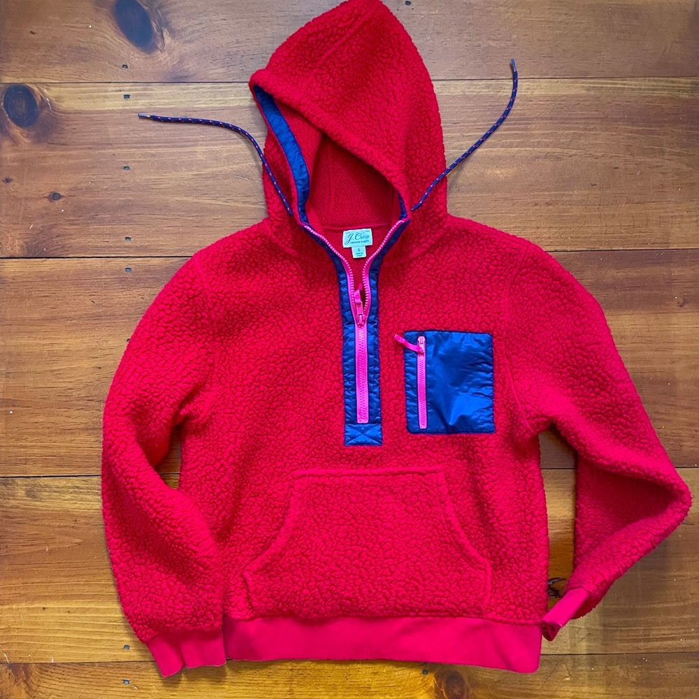 J.Crew Red Sherpa Hooded Fleece with Pockets and Nylon Detail Size Small